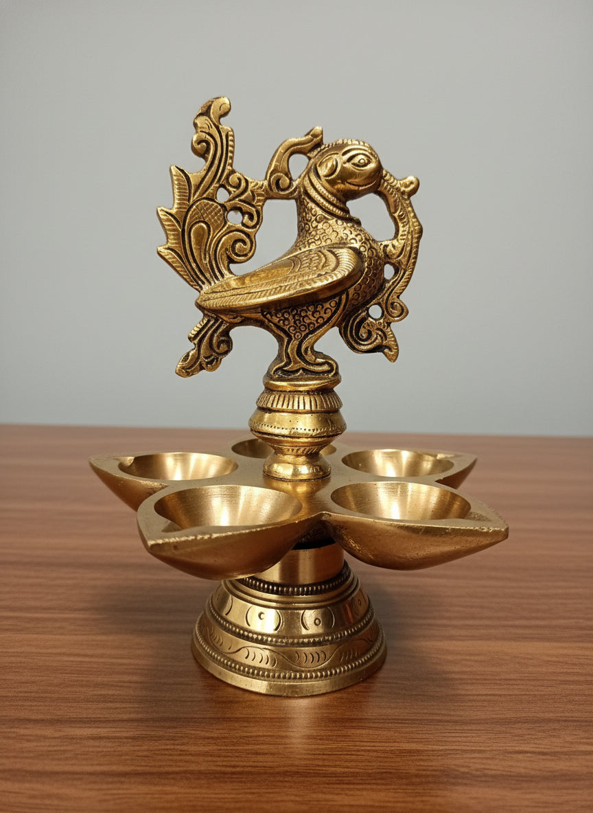 brass peacock panchmukhi oil lamp diya for home temple